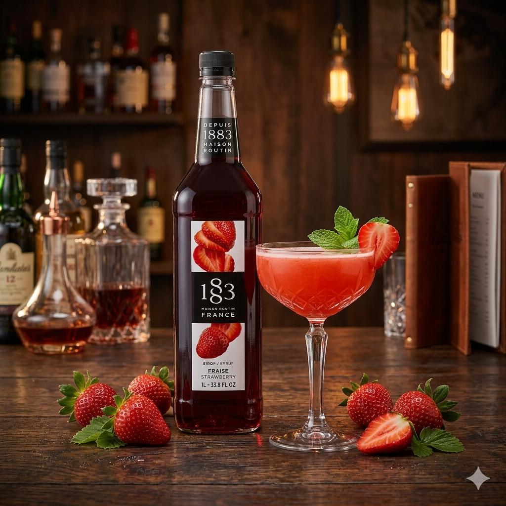 Bottle of 1883 France syrup with a cocktail and strawberries on a bar counter