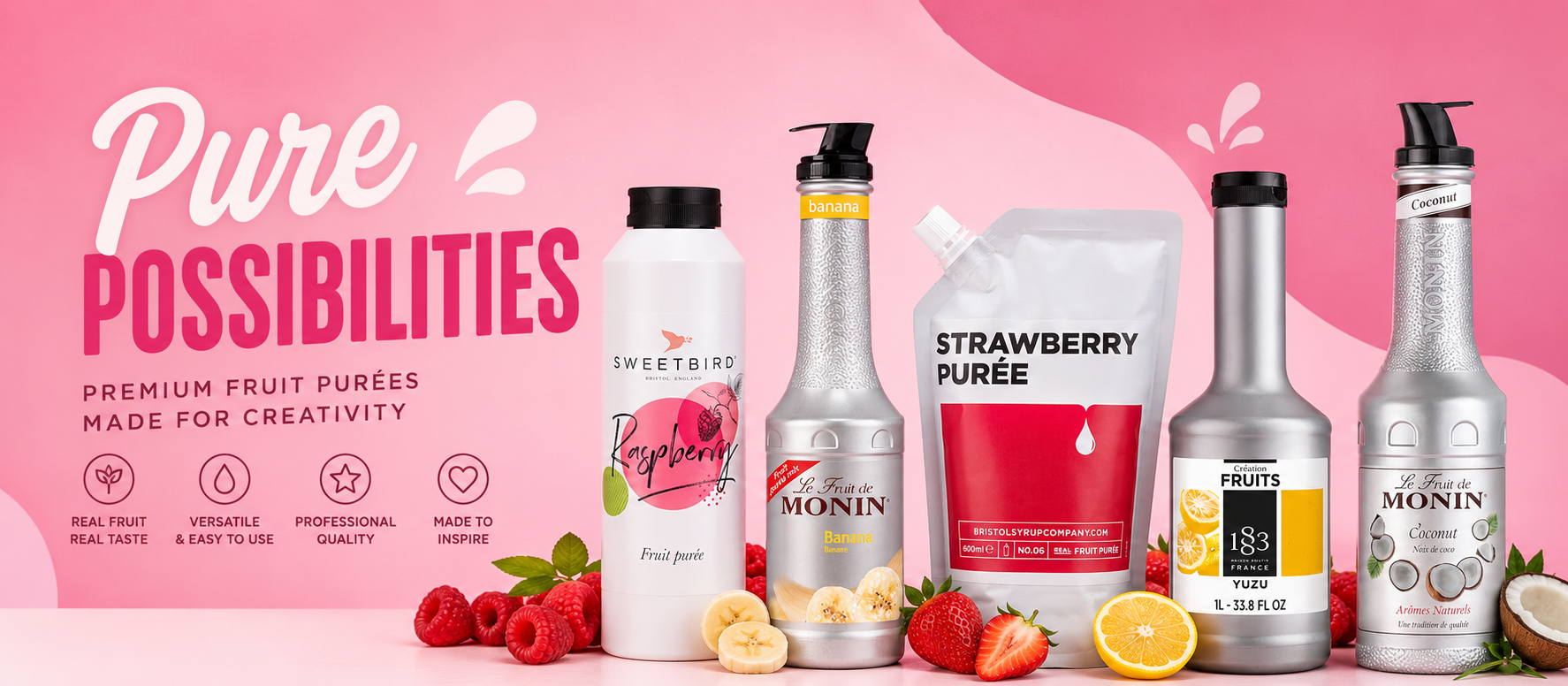 Puree banner with a selection of products and fruit