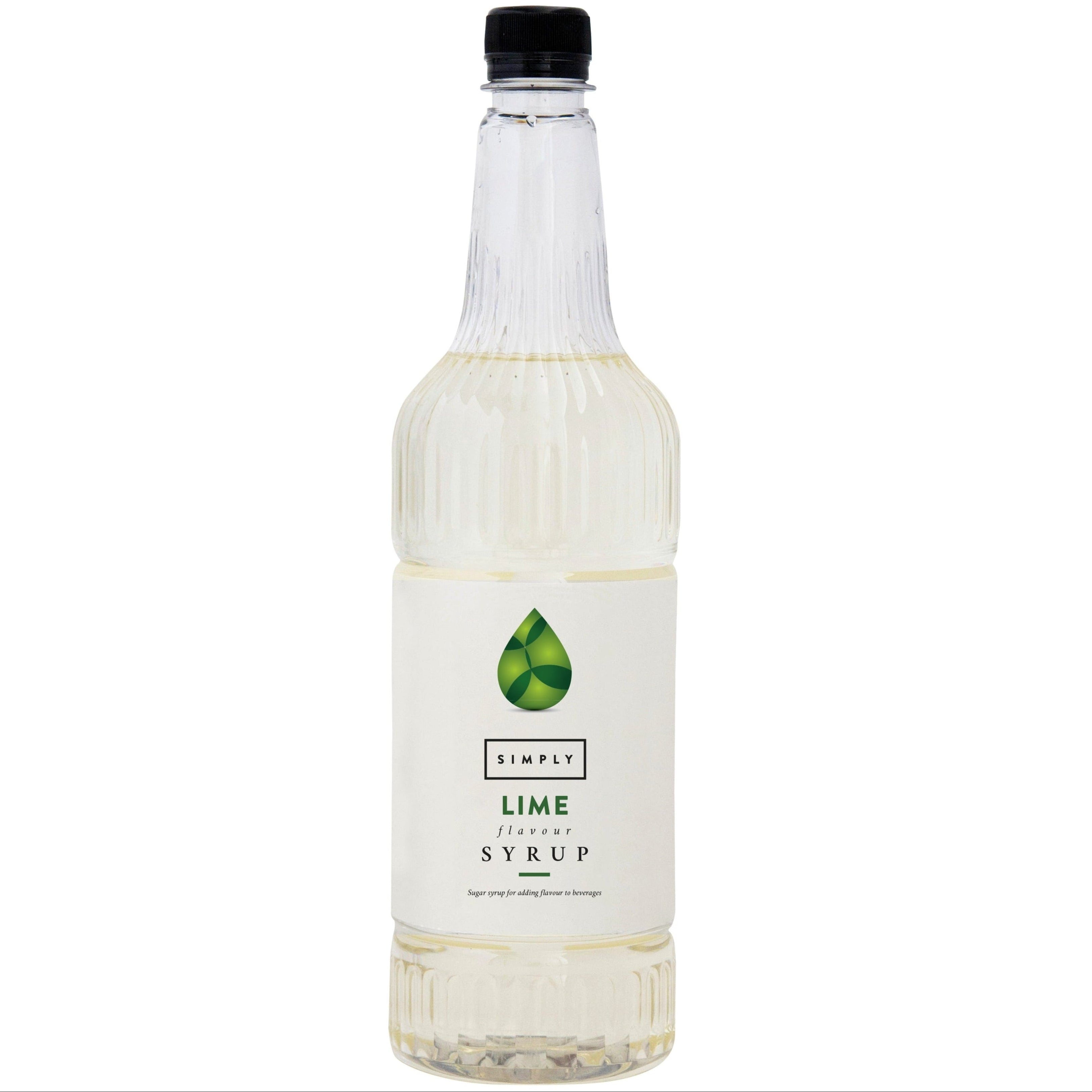 Bottle of lime syrup with a black cap on a white background