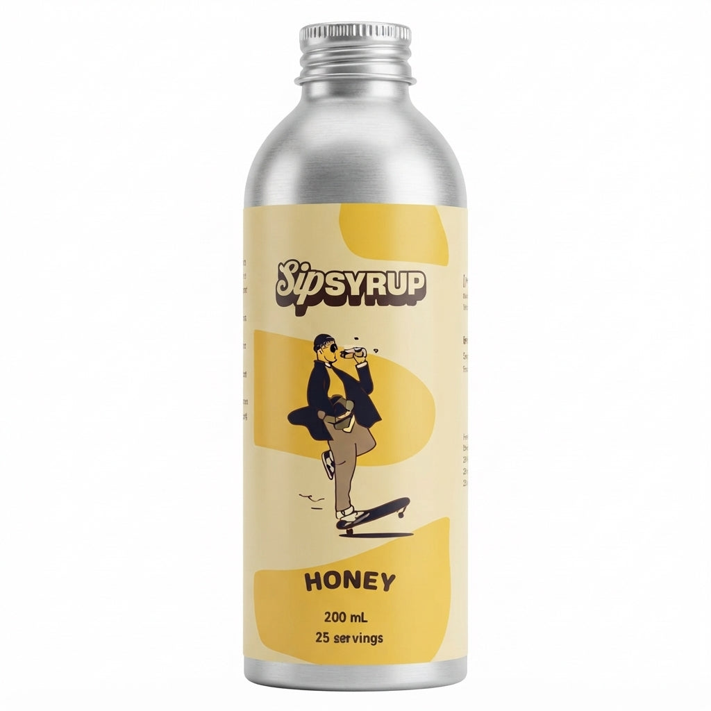 A 200 mL silver metal bottle of Sip Syrup Honey flavor, featuring a cream and yellow label with an illustration of a person on a skateboard.