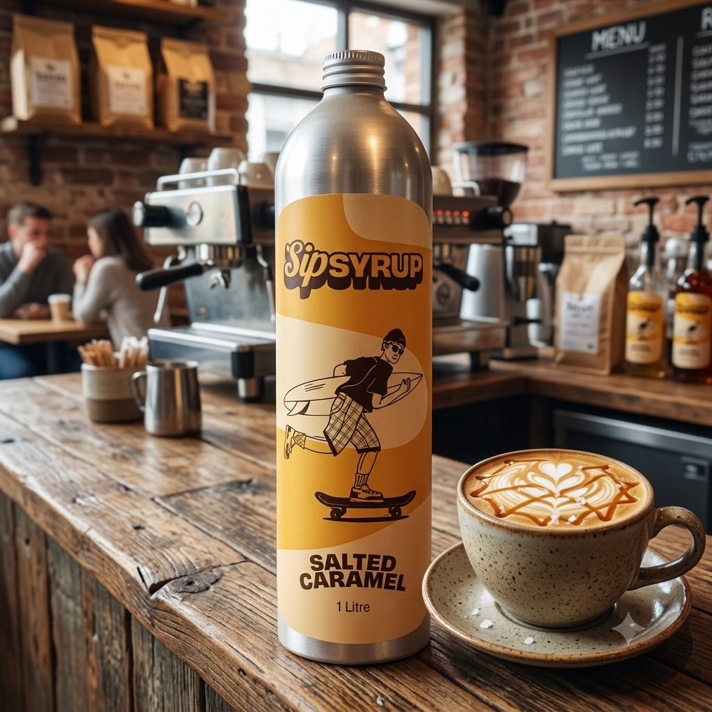 SipSyrup salted caramel syrup bottle on a wooden bar with a cappuccino in the foreground