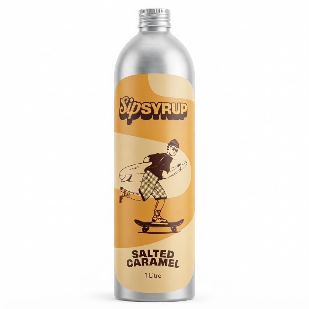 A 1 litre silver metal bottle of Sipsyrup Salted Caramel syrup, featuring a retro-style tan and orange label with an illustration of a person skateboarding.