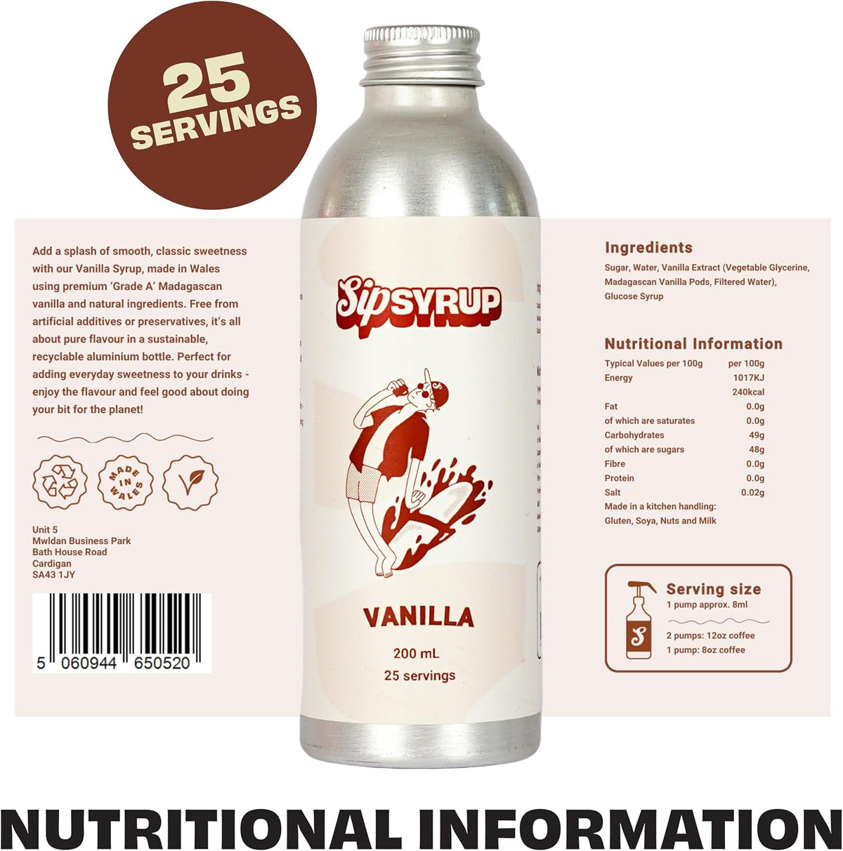 A 200 mL bottle of Vanilla Sipsyrup shown on a white background, with the front label visible and the back label turned partially to the left to display ingredients, serving size, and icons. A large brown circle at the top left reads '25 SERVINGS'.