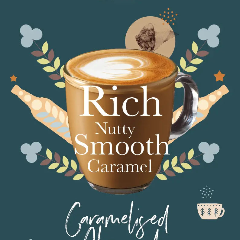 Advertisement for Sweetbird caramel syrup with a cup of coffee on a dark blue background