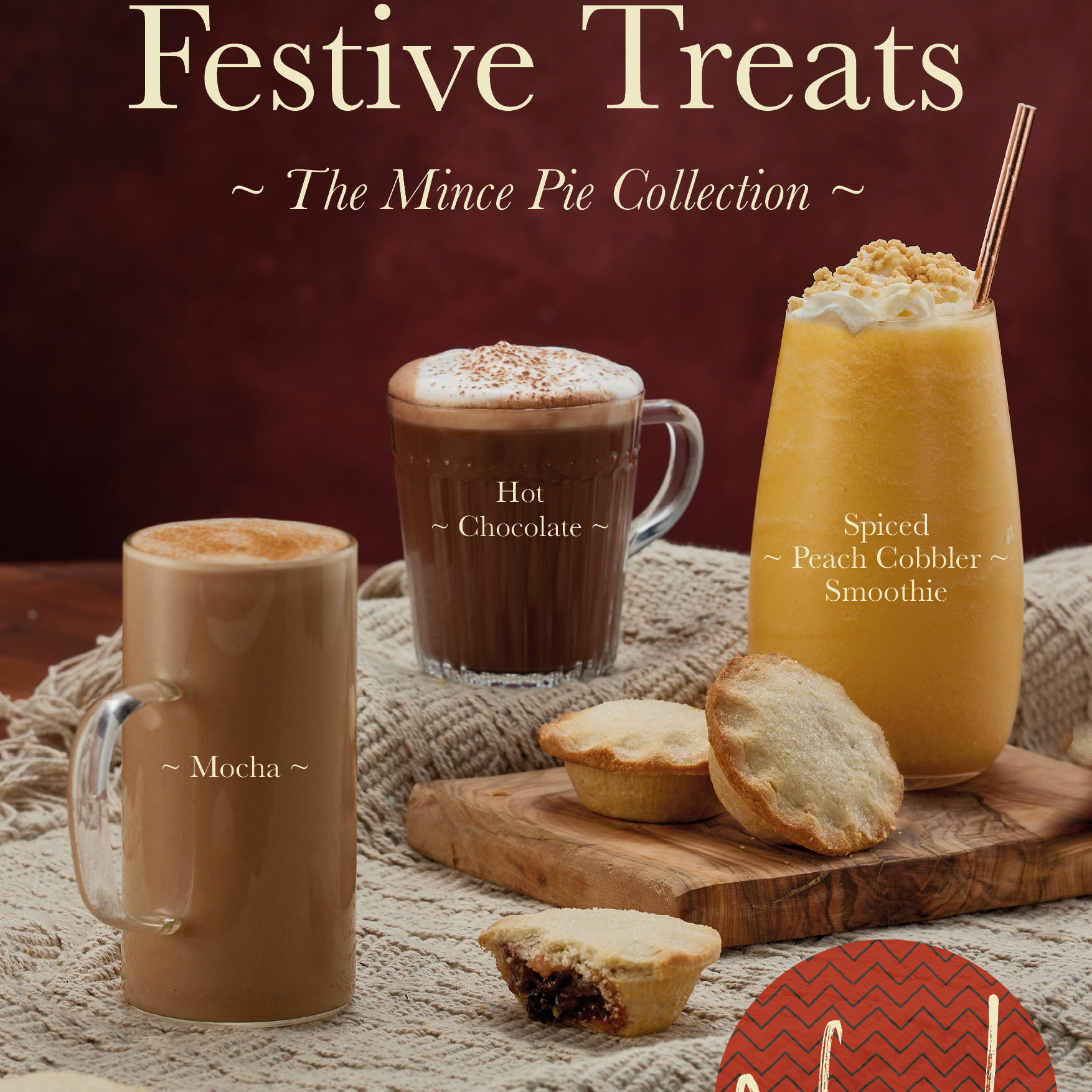 Promotional image of Sweetbird Festive Treats with drinks and mince pies on a wooden table.