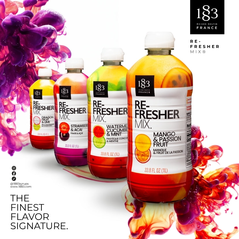 Four bottles of 183 Refresher Mix fruit flavor concentrates lined up on a white background with colorful liquid splash graphics. The bottles include Strawberry & Acai, Dragon Fruit & Lime, Watermelon & Mint, and Mango Passion Fruit.