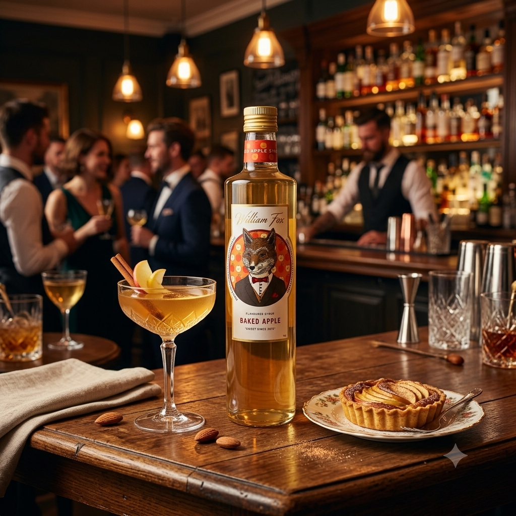 Bottle of 'William Fox Baked Apple' gin on a bar counter with a cocktail and tart.